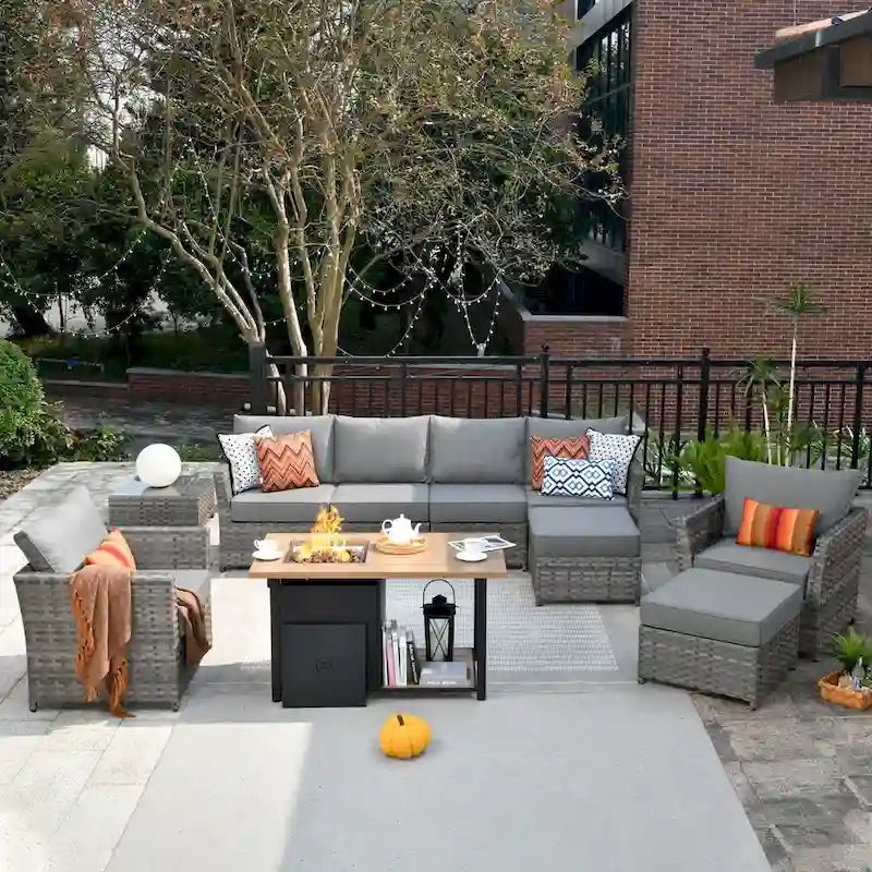 HOOOWOOO 10-piece Grey Wicker Patio Outdoor Furniture Set with Fire Pit