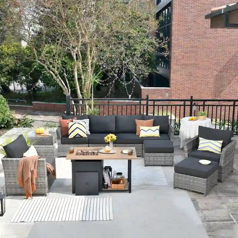HOOOWOOO 10-piece Grey Wicker Patio Outdoor Furniture Set with Fire Pit