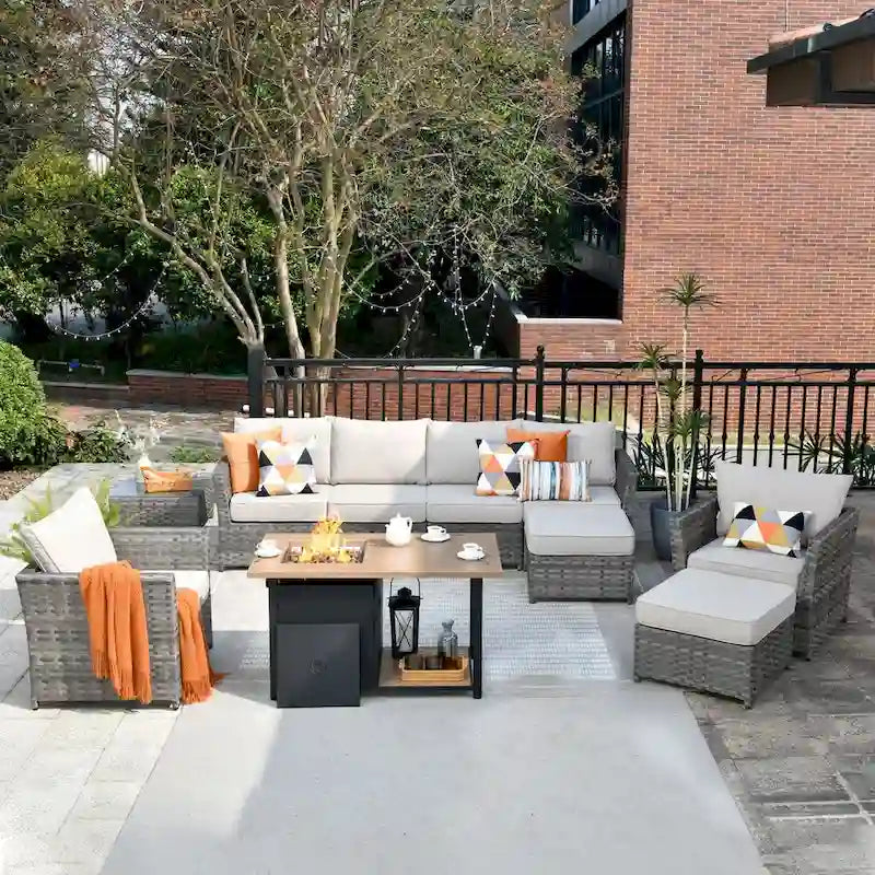 HOOOWOOO 10-piece Grey Wicker Patio Outdoor Furniture Set with Fire Pit