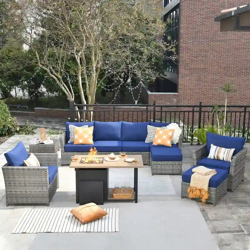 HOOOWOOO 10-piece Grey Wicker Patio Outdoor Furniture Set with Fire Pit
