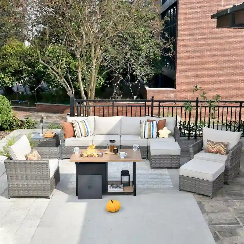 HOOOWOOO 10-piece Grey Wicker Patio Outdoor Furniture Set with Fire Pit