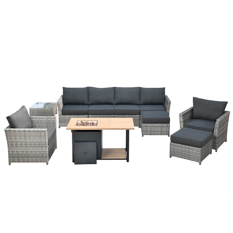 HOOOWOOO 10-piece Grey Wicker Patio Outdoor Furniture Set with Fire Pit