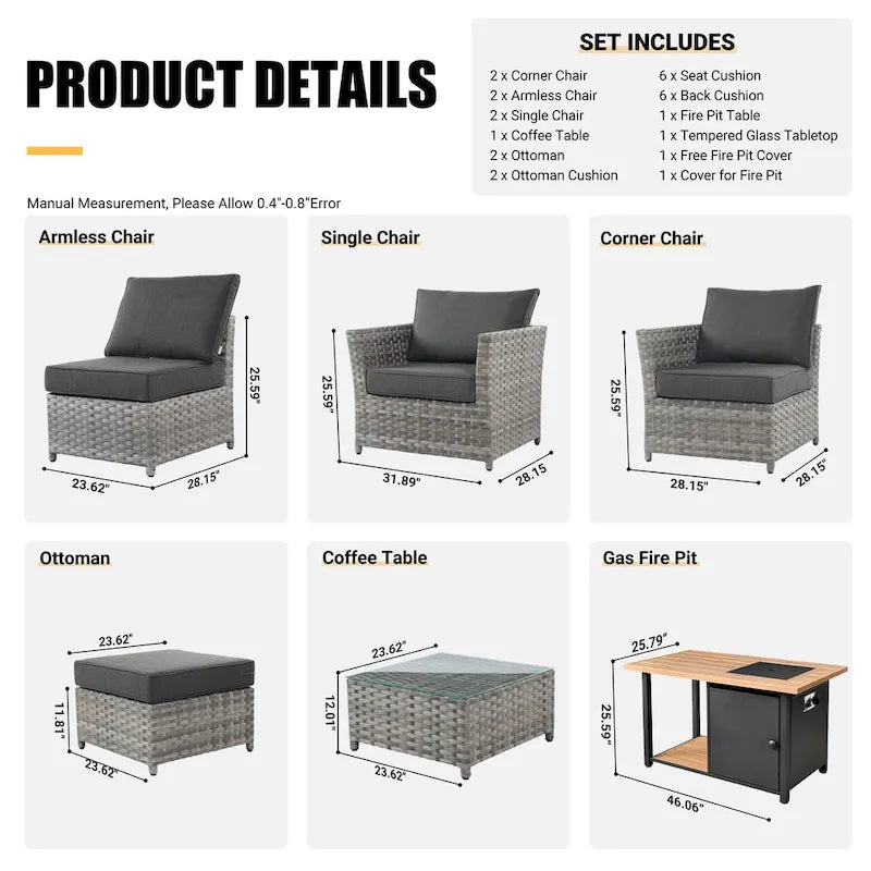 HOOOWOOO 10-piece Grey Wicker Patio Outdoor Furniture Set with Fire Pit