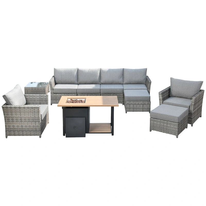 HOOOWOOO 10-piece Grey Wicker Patio Outdoor Furniture Set with Fire Pit