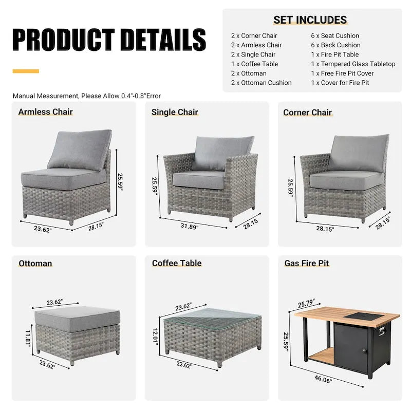 HOOOWOOO 10-piece Grey Wicker Patio Outdoor Furniture Set with Fire Pit