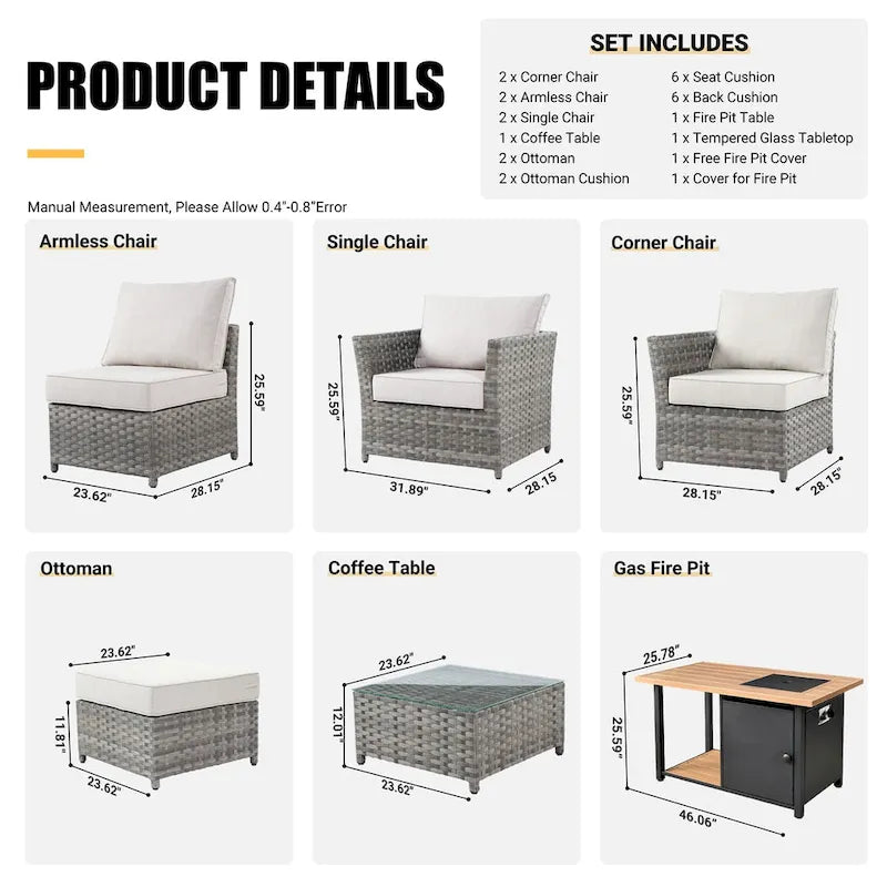 HOOOWOOO 10-piece Grey Wicker Patio Outdoor Furniture Set with Fire Pit