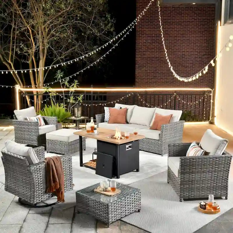 HOOOWOOO 10-piece Outdoor Grey Wicker Patio Furniture Set with Fire Pit Table