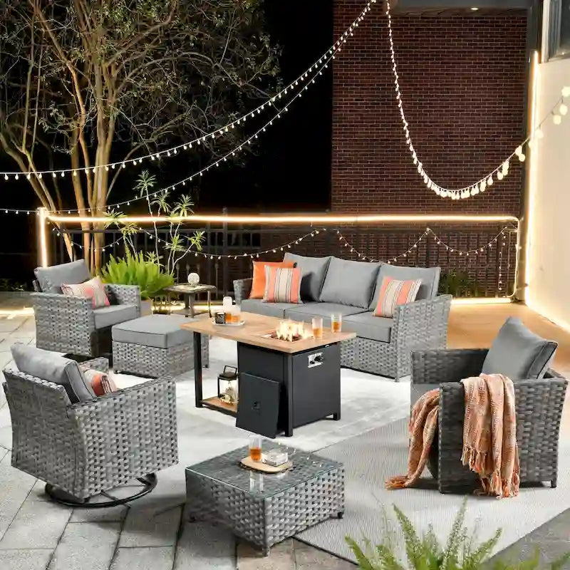 HOOOWOOO 10-piece Outdoor Grey Wicker Patio Furniture Set with Fire Pit Table