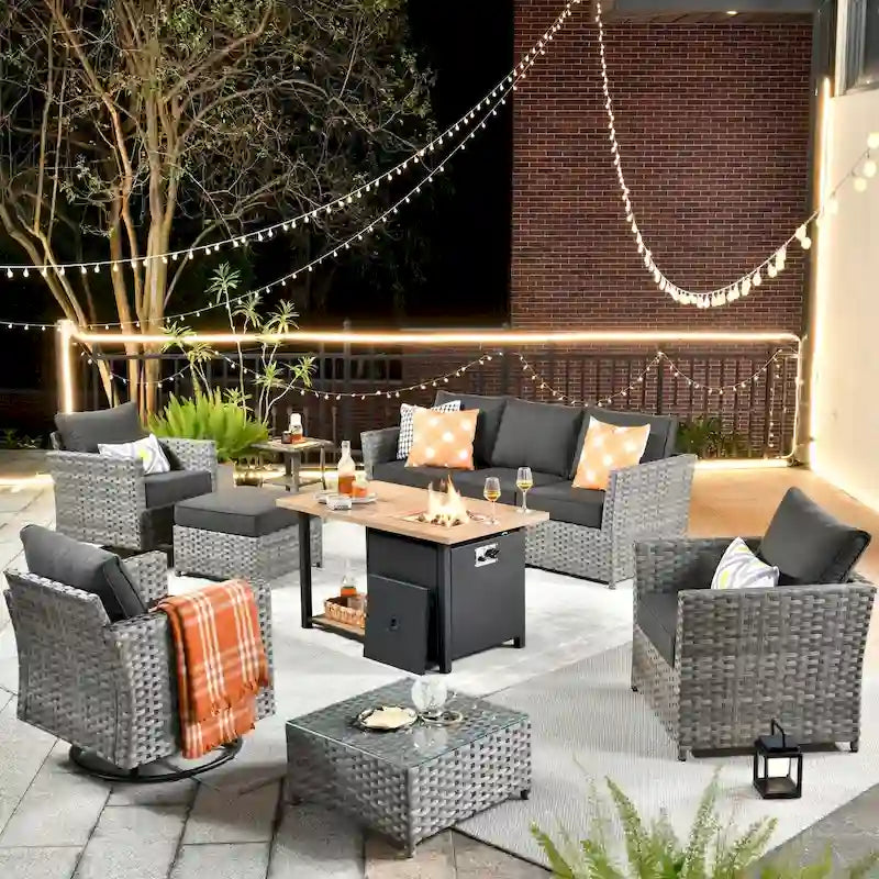 HOOOWOOO 10-piece Outdoor Grey Wicker Patio Furniture Set with Fire Pit Table