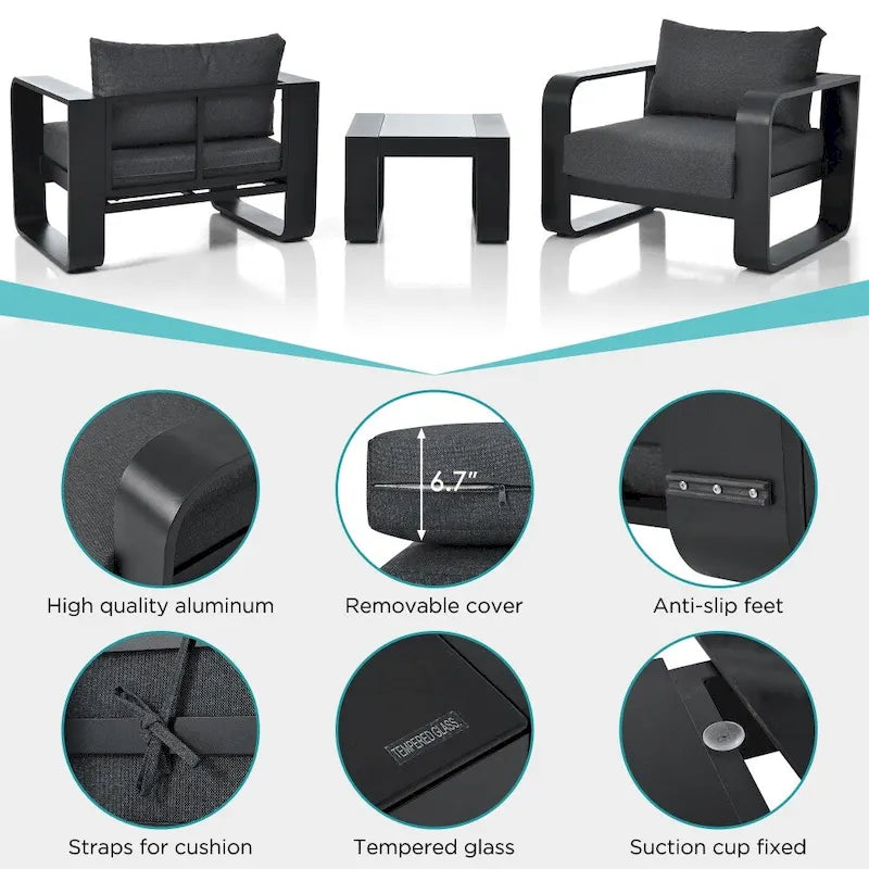 3-Pieces Aluminum Frame Patio Furniture Set With Cushions and Coffee Table
