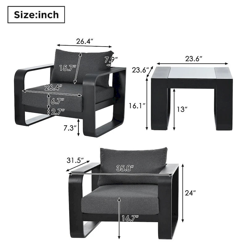 3-Pieces Aluminum Frame Patio Furniture Set With Cushions and Coffee Table