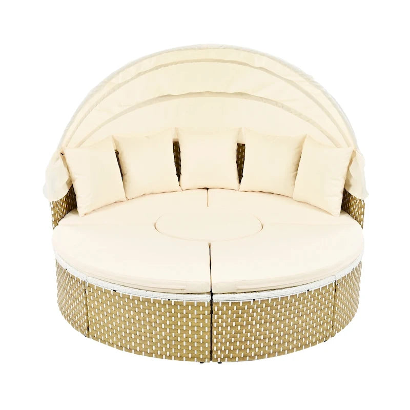Round Outdoor Sectional Sofa Set Rattan Daybed Two-Tone Weave Sunbed with Retractable Canopy, Separate Seating