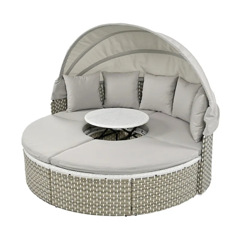 Round Outdoor Sectional Sofa Set Rattan Daybed Two-Tone Weave Sunbed with Retractable Canopy, Separate Seating