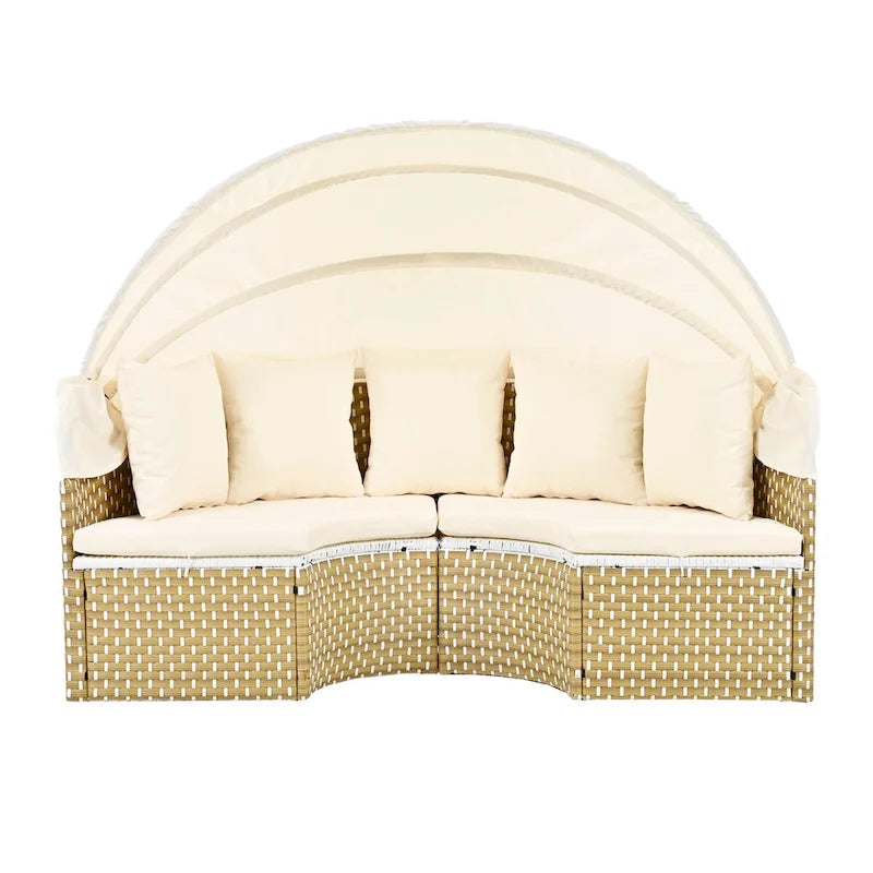 Round Outdoor Sectional Sofa Set Rattan Daybed Two-Tone Weave Sunbed with Retractable Canopy, Separate Seating