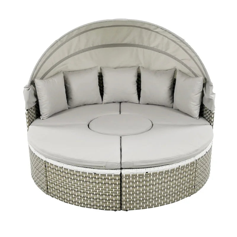 Round Outdoor Sectional Sofa Set Rattan Daybed Two-Tone Weave Sunbed with Retractable Canopy, Separate Seating