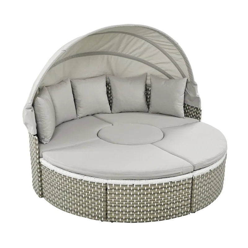 Round Outdoor Sectional Sofa Set Rattan Daybed Two-Tone Weave Sunbed with Retractable Canopy, Separate Seating