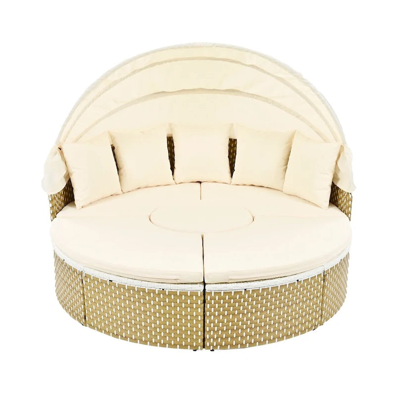 Round Outdoor Sectional Sofa Set Rattan Daybed Two-Tone Weave Sunbed with Retractable Canopy, Separate Seating