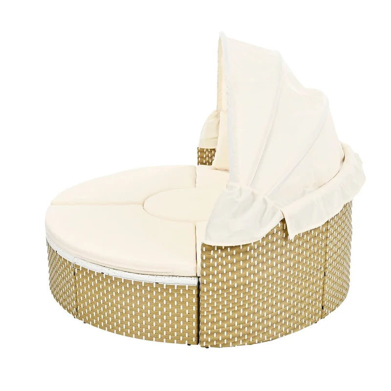 Round Outdoor Sectional Sofa Set Rattan Daybed Two-Tone Weave Sunbed with Retractable Canopy, Separate Seating
