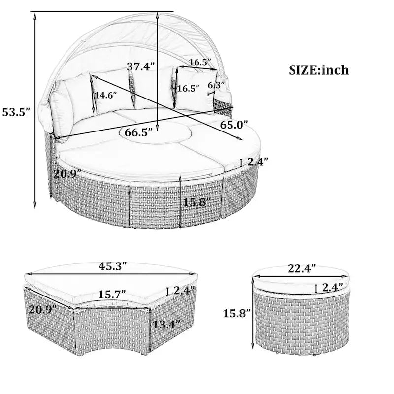 Round Outdoor Sectional Sofa Set Rattan Daybed Two-Tone Weave Sunbed with Retractable Canopy, Separate Seating