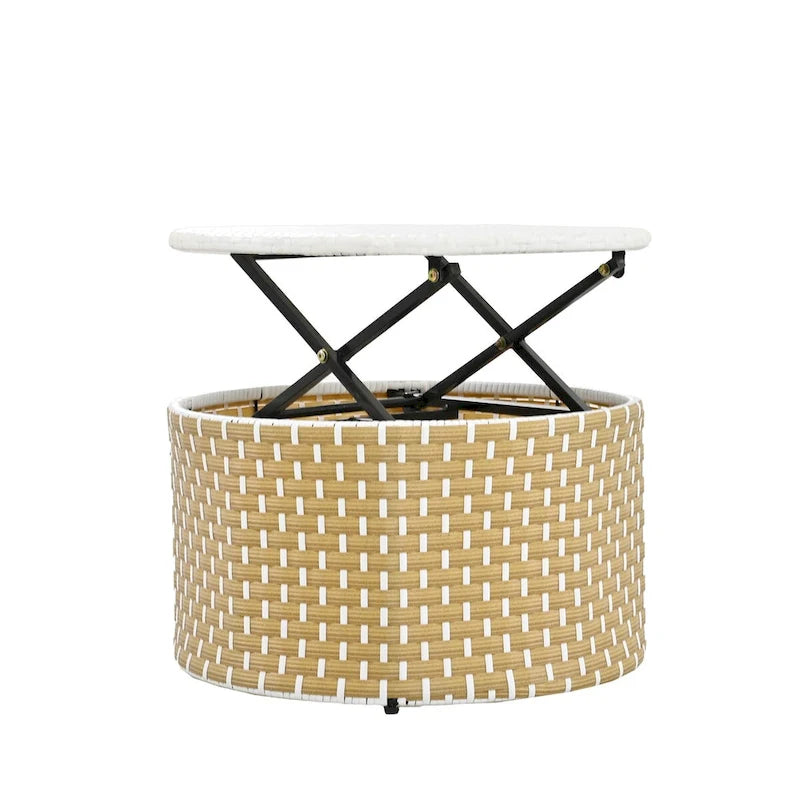 Round Outdoor Sectional Sofa Set Rattan Daybed Two-Tone Weave Sunbed with Retractable Canopy, Separate Seating