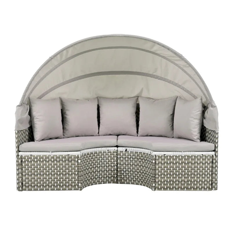 Round Outdoor Sectional Sofa Set Rattan Daybed Two-Tone Weave Sunbed with Retractable Canopy, Separate Seating