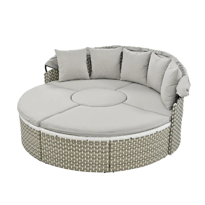 Round Outdoor Sectional Sofa Set Rattan Daybed Two-Tone Weave Sunbed with Retractable Canopy, Separate Seating