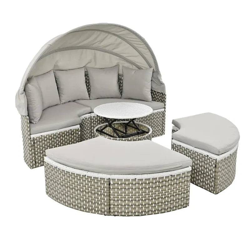 Round Outdoor Sectional Sofa Set Rattan Daybed Two-Tone Weave Sunbed with Retractable Canopy, Separate Seating