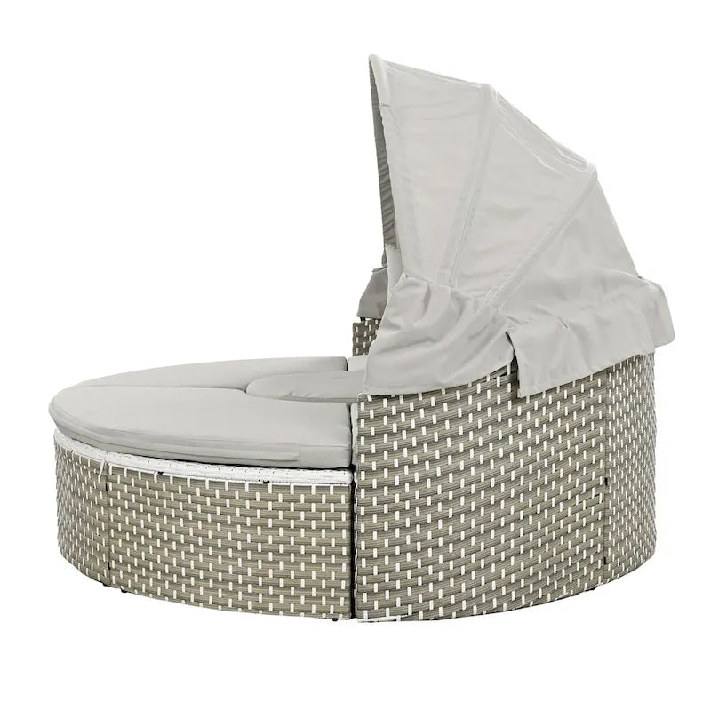 Round Outdoor Sectional Sofa Set Rattan Daybed Two-Tone Weave Sunbed with Retractable Canopy, Separate Seating