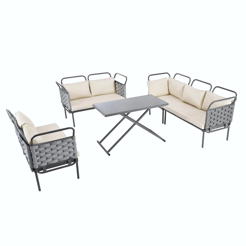 5-Piece Modern Patio Sectional Sofa Set with Glass Table and Cushions
