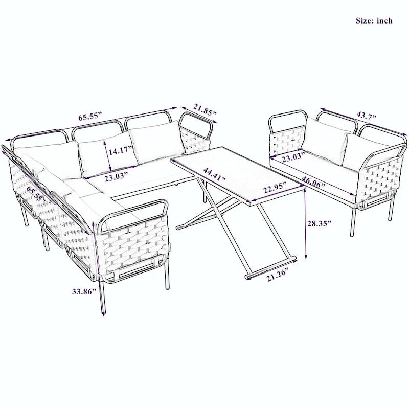5-Piece Modern Patio Sectional Sofa Set with Glass Table and Cushions