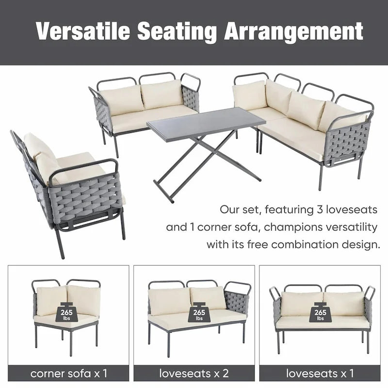 5-Piece Modern Patio Sectional Sofa Set with Glass Table and Cushions