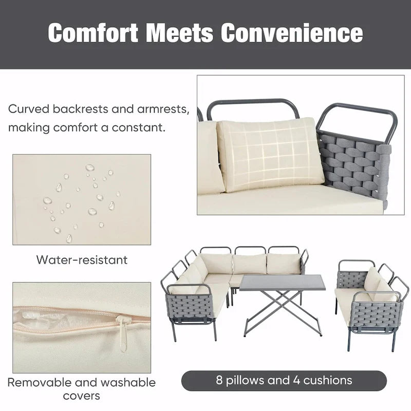 5-Piece Modern Patio Sectional Sofa Set with Glass Table and Cushions