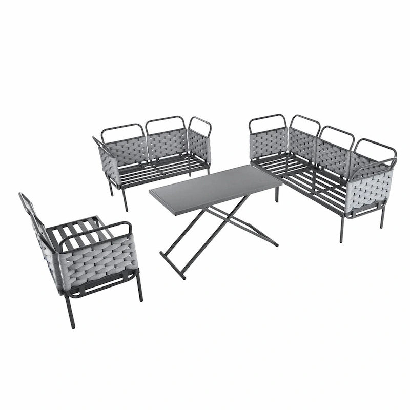 5-Piece Modern Patio Sectional Sofa Set with Glass Table and Cushions