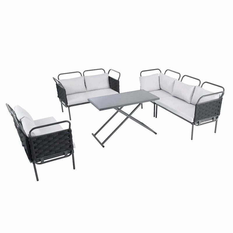 5-Piece Modern Patio Sectional Sofa Set with Glass Table and Cushions