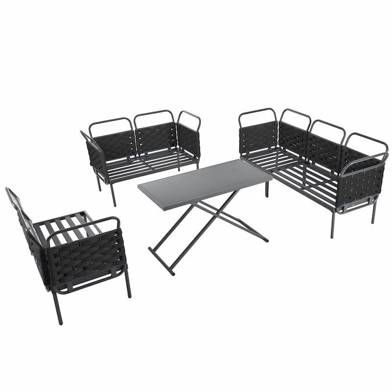 5-Piece Modern Patio Sectional Sofa Set with Glass Table and Cushions