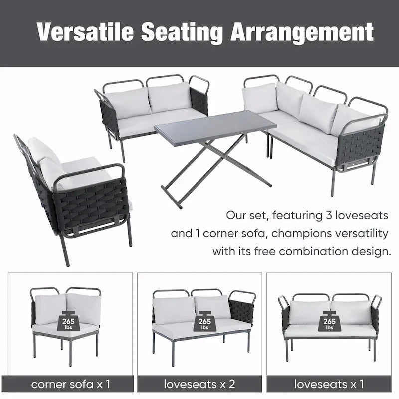 5-Piece Modern Patio Sectional Sofa Set with Glass Table and Cushions