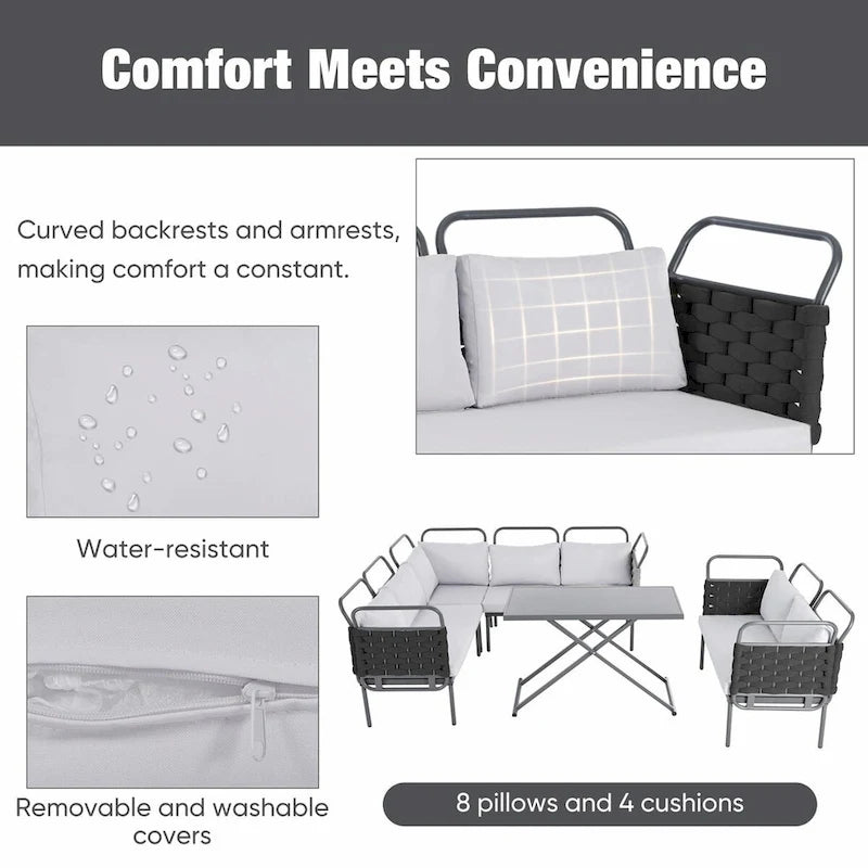 5-Piece Modern Patio Sectional Sofa Set with Glass Table and Cushions