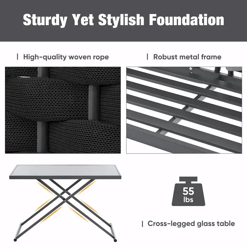 5-Piece Modern Patio Sectional Sofa Set with Glass Table and Cushions