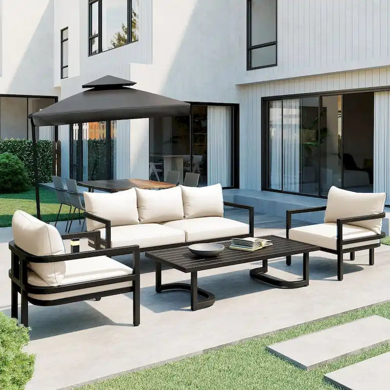 4-Piece Outdoor Steel Patio Sectional with Table and Cushions