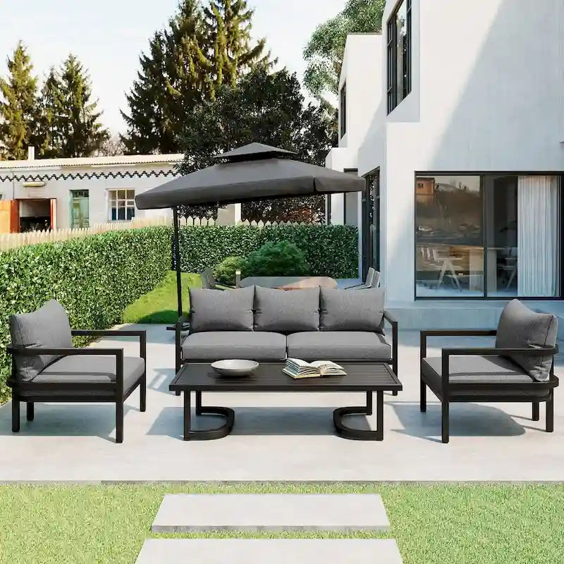 4-Piece Outdoor Steel Patio Sectional with Table and Cushions