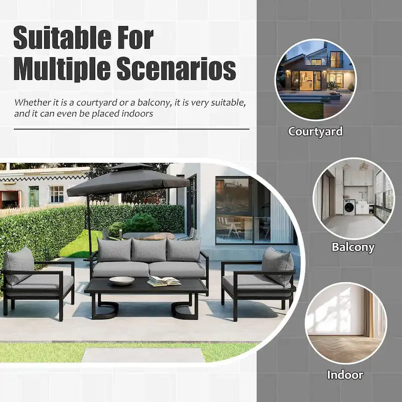 4-Piece Outdoor Steel Patio Sectional with Table and Cushions