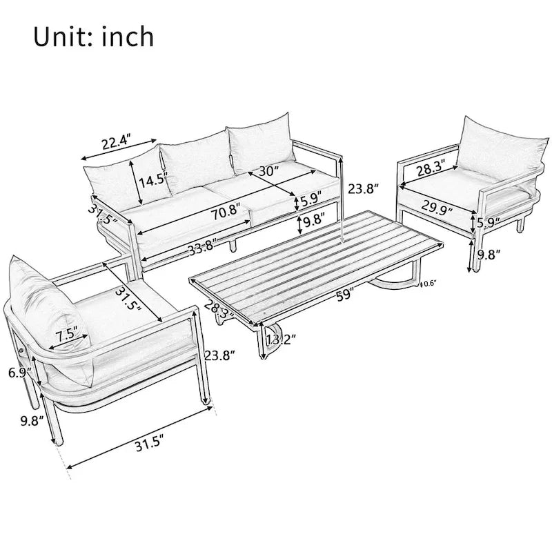 4-Piece Outdoor Steel Patio Sectional with Table and Cushions