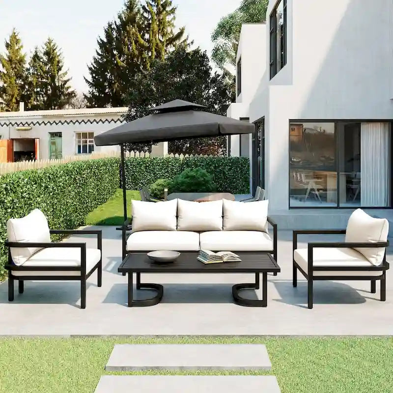 4-Piece Outdoor Steel Patio Sectional with Table and Cushions