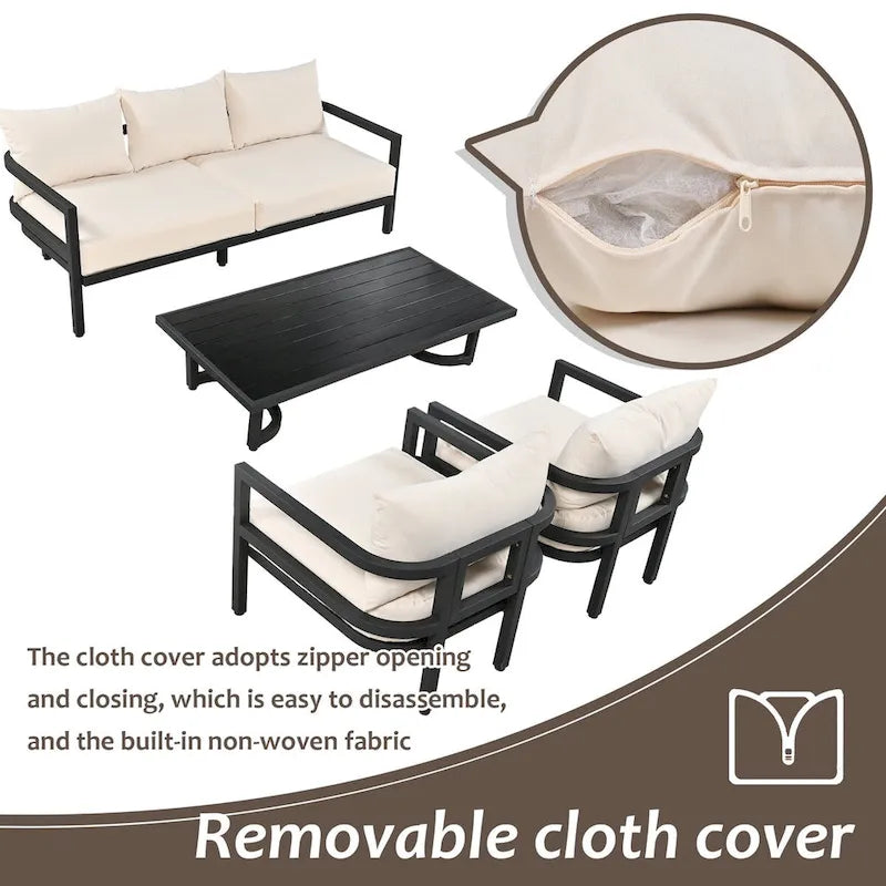4-Piece Outdoor Steel Patio Sectional with Table and Cushions