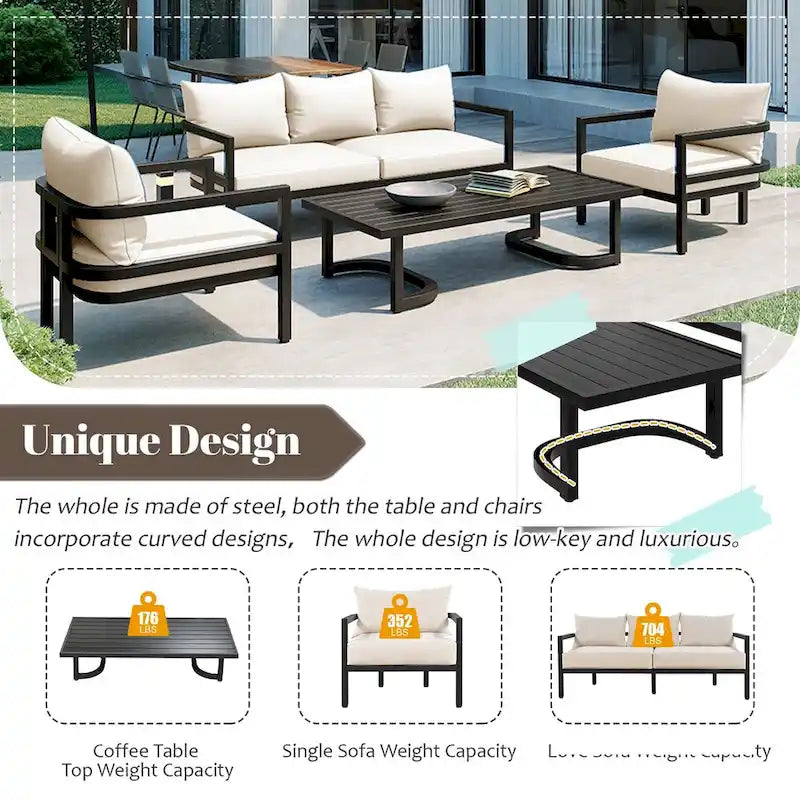 4-Piece Outdoor Steel Patio Sectional with Table and Cushions