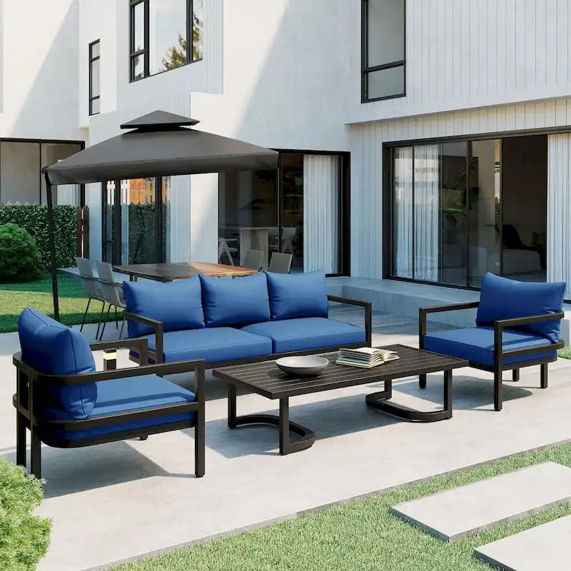 4-Piece Outdoor Steel Patio Sectional with Table and Cushions
