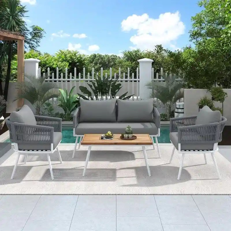 4-Piece Boho Rope Patio Furniture: Outdoor Seating with Acacia Wood Table, Thick Cushions