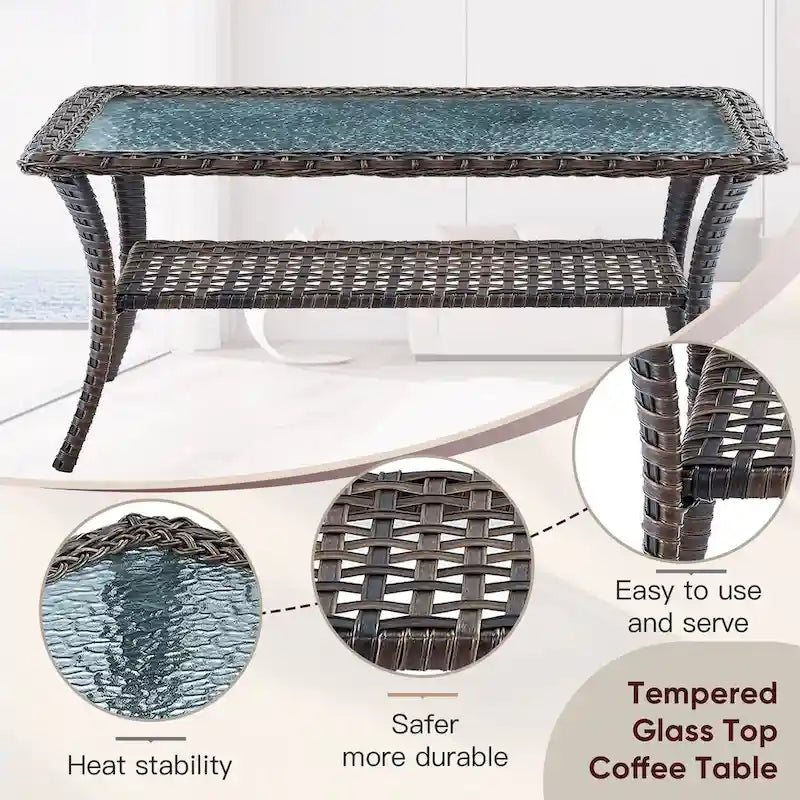 2 Rocker Chairs with Patio Sofa Coffee Table - Brown