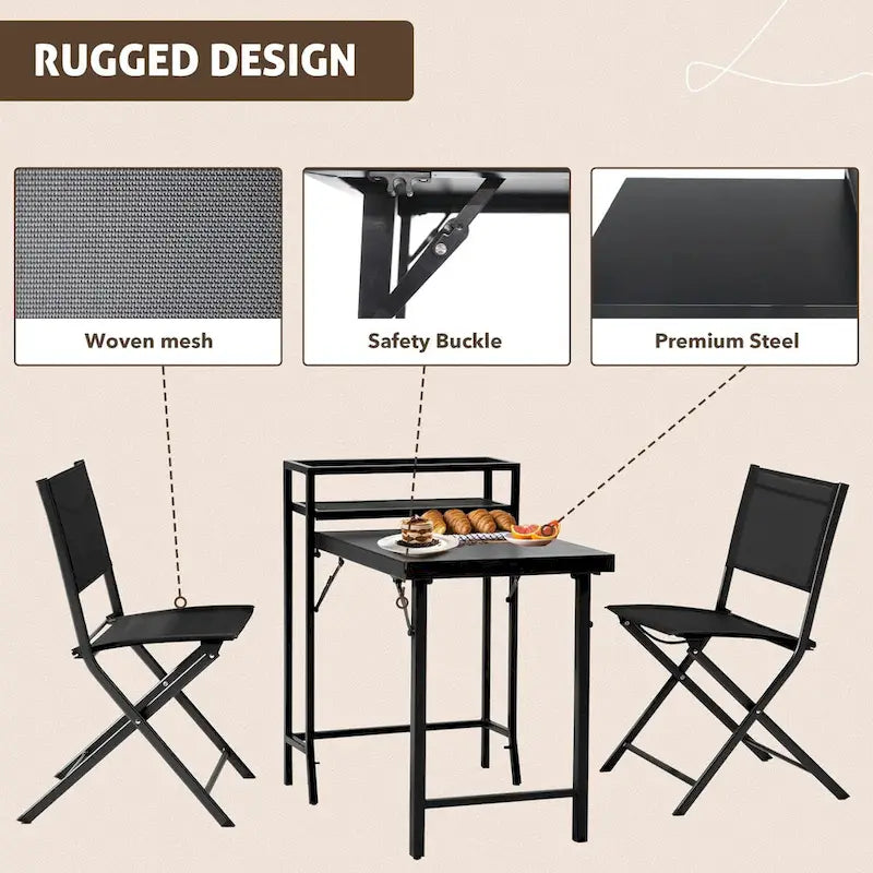3PCS Patio Bistro Set, Patio Set of Foldable Patio Table and Chairs - 2 Person Seating