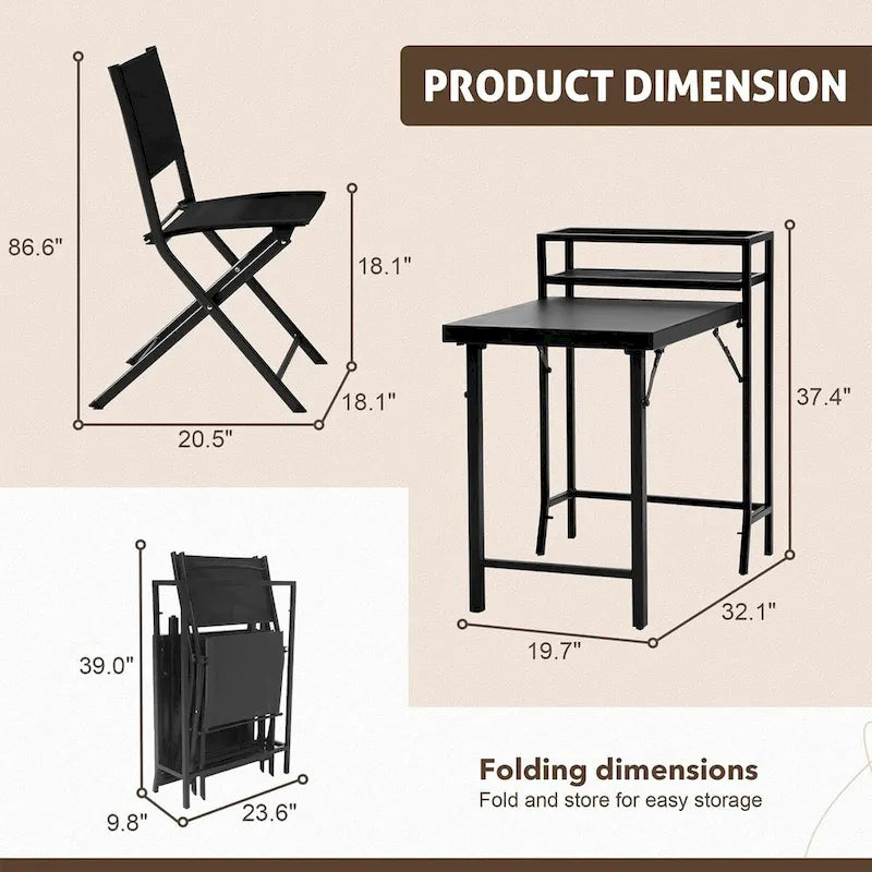3PCS Patio Bistro Set, Patio Set of Foldable Patio Table and Chairs - 2 Person Seating